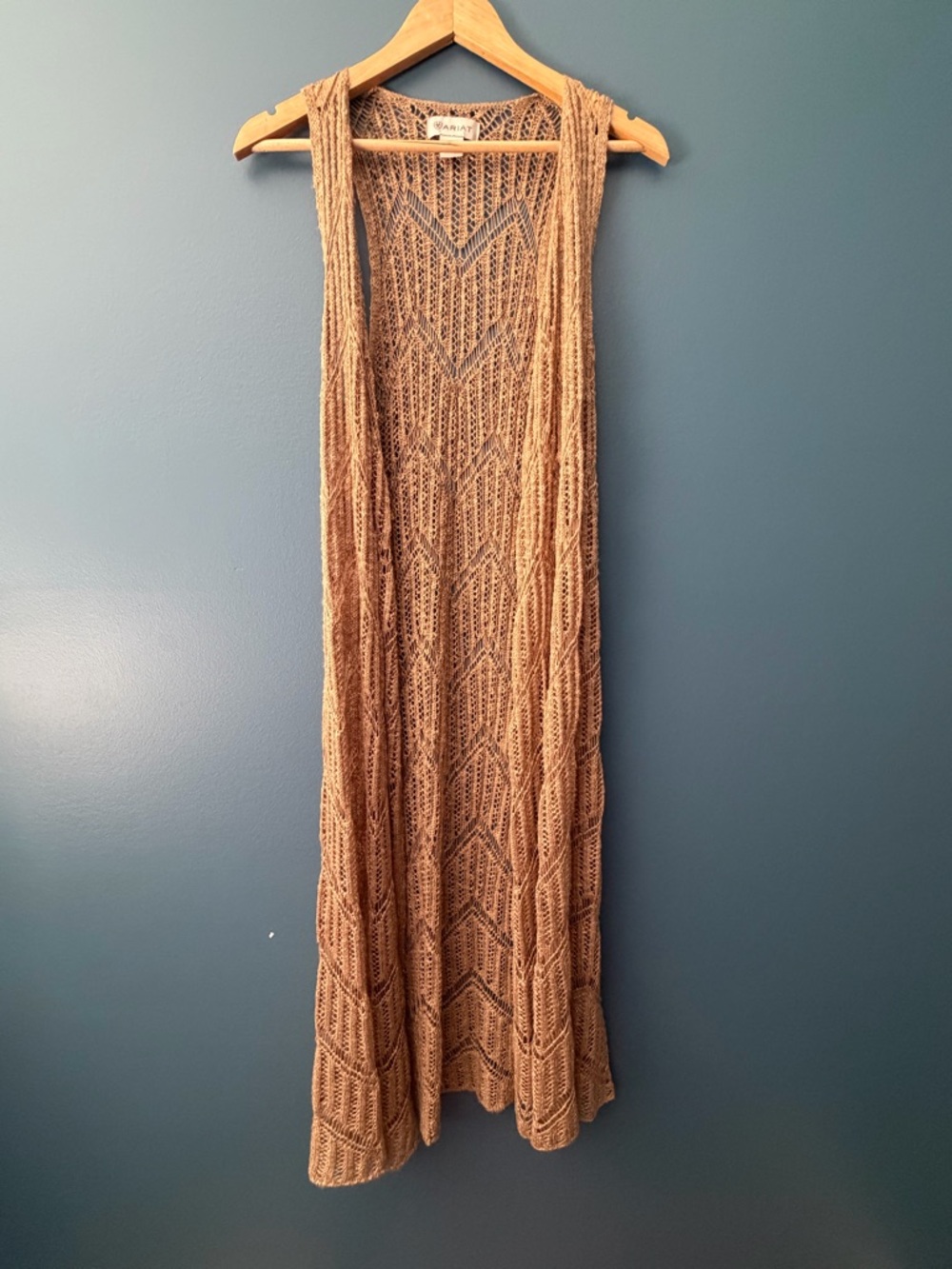 Ariat Women’s Open Front Knit Sleeveless Long Duster Vest Boho Brown Small
